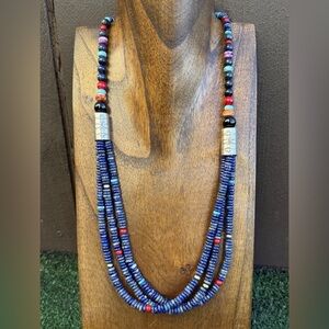Sterling Silver Multi Strand Stone Lapis Pearls Bead Necklace 26 Inch Navajo RD